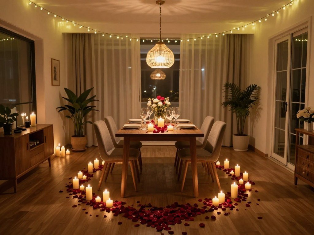 home dining room decorated for romantic proposal with candles