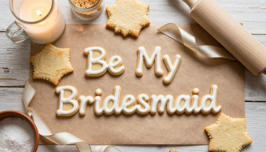 homemade cookies decorated with bridesmaid proposal message on kraft paper