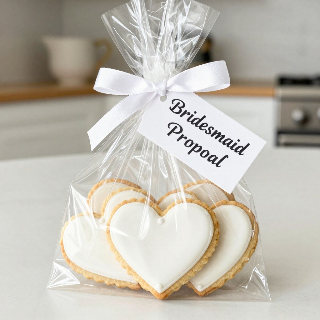 homemade cookies in gift bag with bridesmaid proposal tag