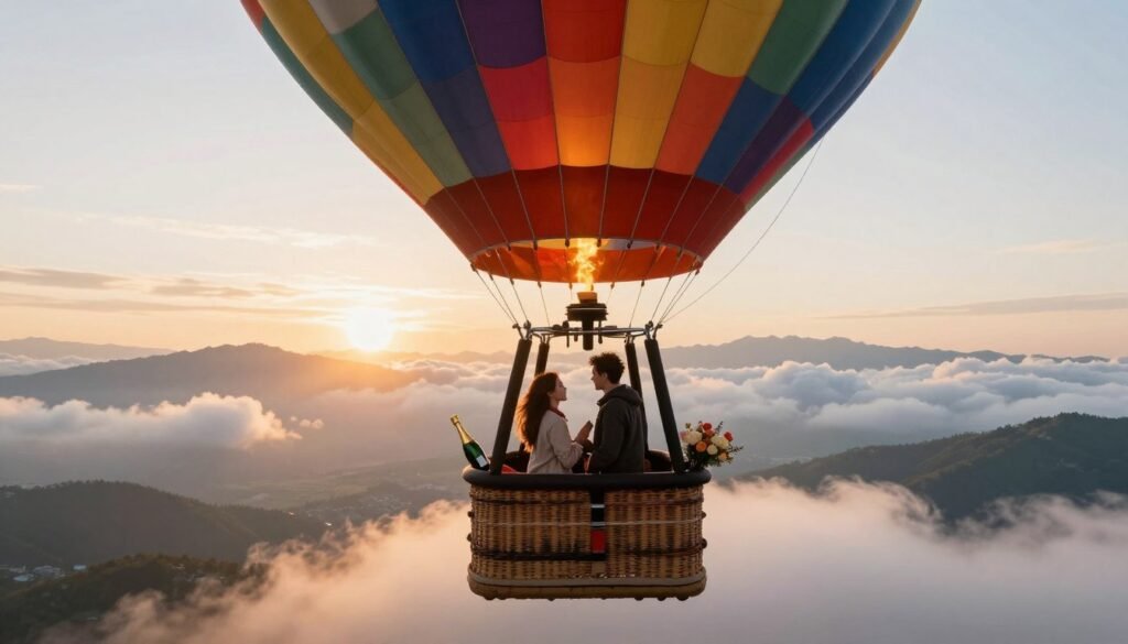 hot air balloon proposal aesthetic at sunrise