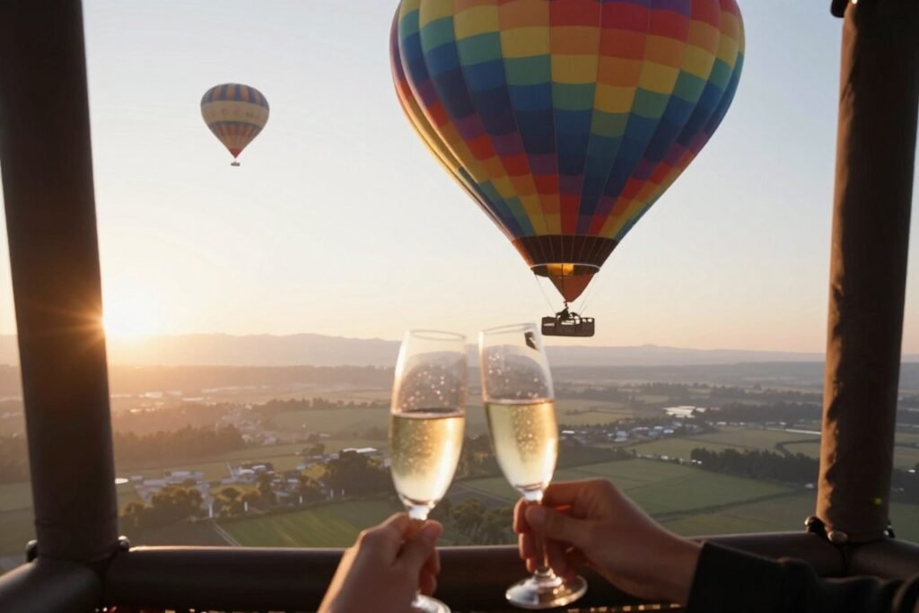 hot air balloon ride at sunrise with romantic atmosphere