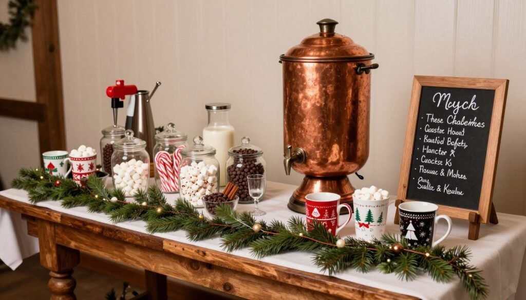 hot chocolate bar at christmas wedding with toppings and festive mugs
