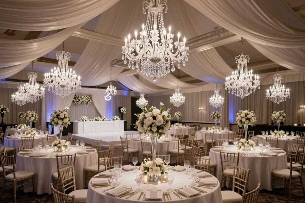 hotel ballroom wedding reception with elegant decor and chandeliers hotel ballroom wedding reception with elegant decor and chandeliers