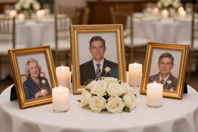 in memory of wedding ideas with memorial table display featuring framed photos and candles
