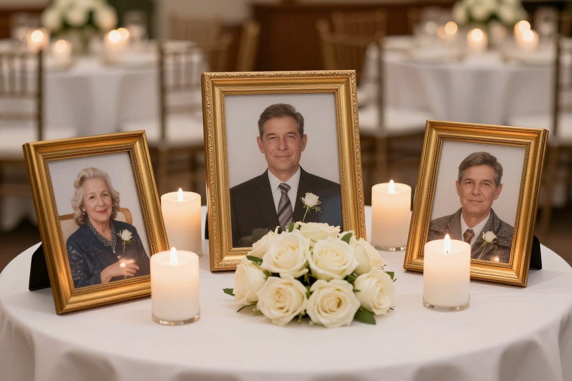 in memory of wedding ideas with memorial table display featuring framed photos and candles