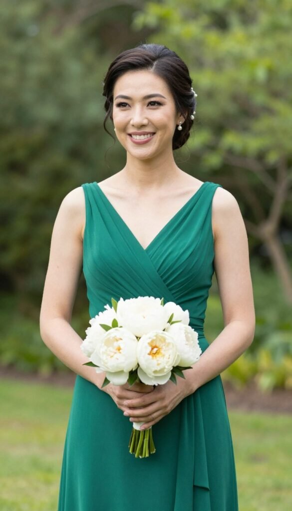 individual bridesmaid portrait with bouquet in natural outdoor setting individual bridesmaid portrait with bouquet in natural outdoor setting