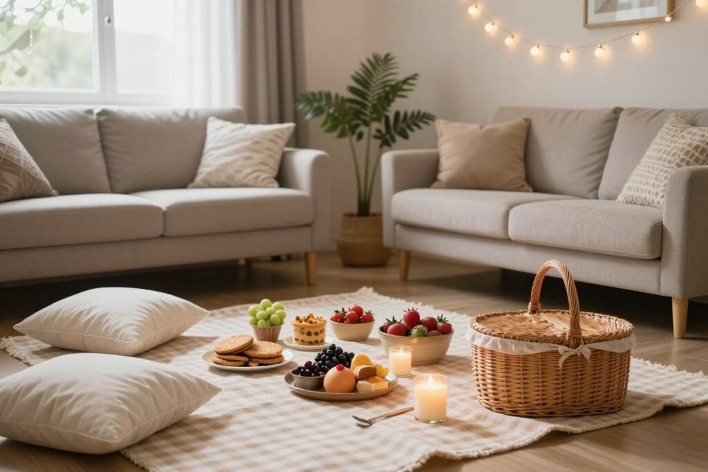 indoor picnic setup on living room floor indoor picnic setup on living room floor