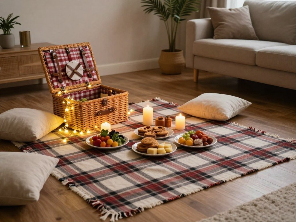 indoor picnic setup with blanket and romantic lighting