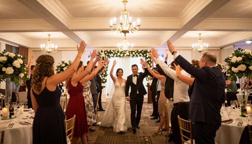 indoor wedding reception with guests creating tunnel with raised hands
