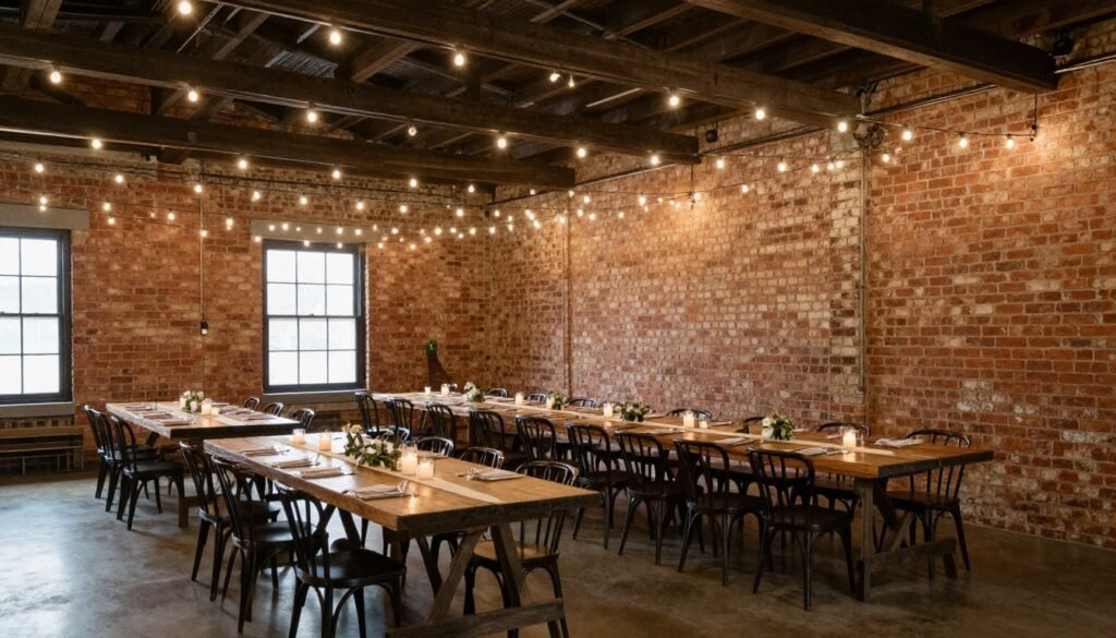 industrial loft wedding venue with exposed brick and string lights industrial loft wedding venue with exposed brick and string lights