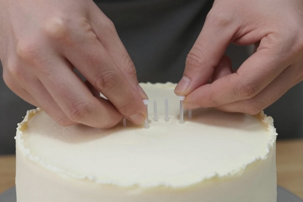 inserting support dowels into cake tier