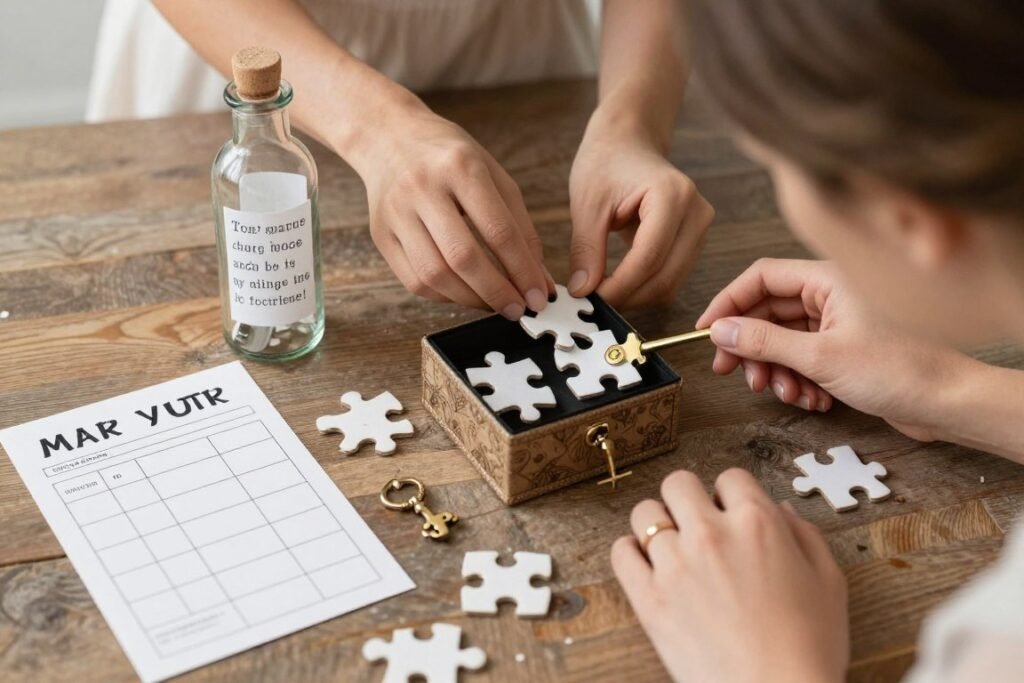 interactive bridesmaid proposal elements like scratch-off cards and puzzles
