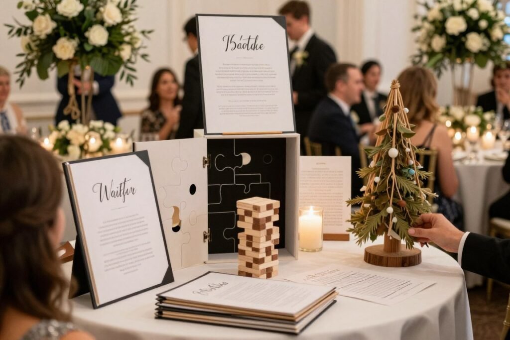 interactive wedding guest book station with various activity options and guests participating interactive wedding guest book station with various activity options and guests participating