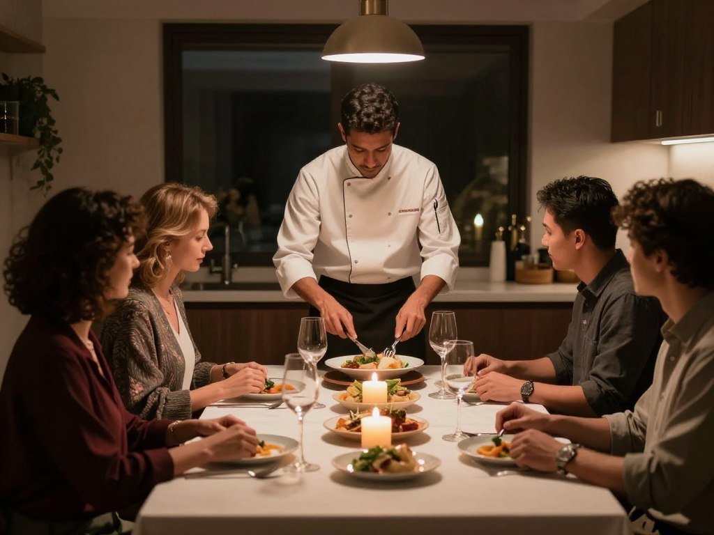 intimate home dining with private chef preparing meal intimate home dining with private chef preparing meal