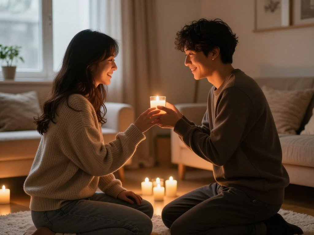 intimate private engagement proposal in cozy home setting with candles
