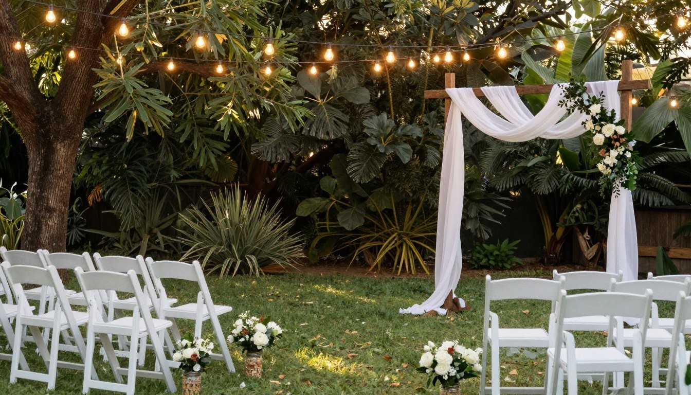 intimate small wedding ceremony setup with budget-friendly decorations