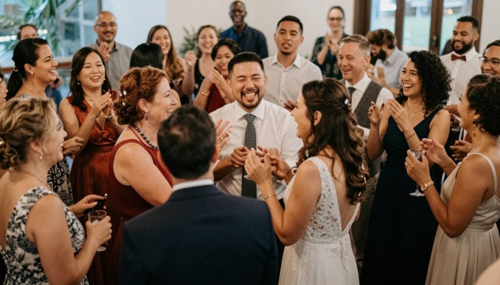 intimate small wedding with happy guests celebrating