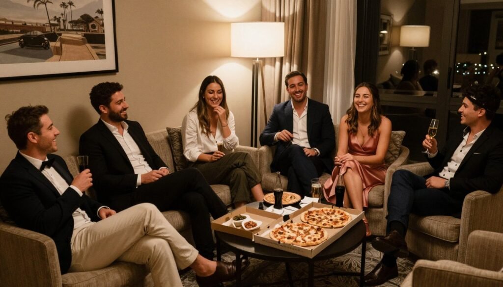intimate wedding after-party in hotel suite with close friends