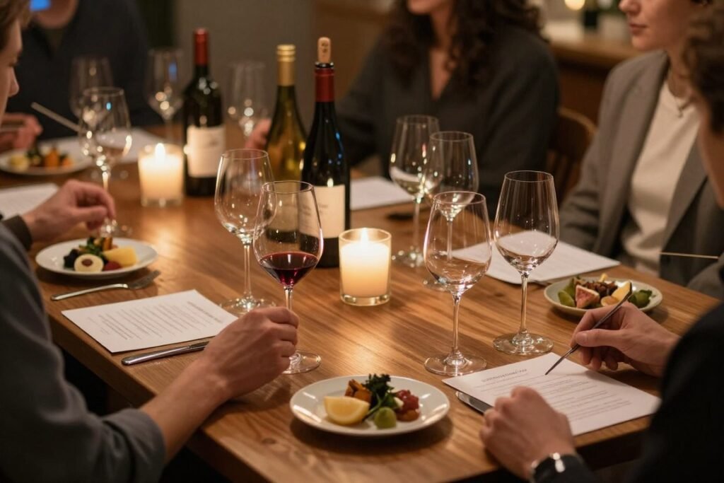 intimate wine tasting dinner with multiple wine glasses and small plates intimate wine tasting dinner with multiple wine glasses and small plates