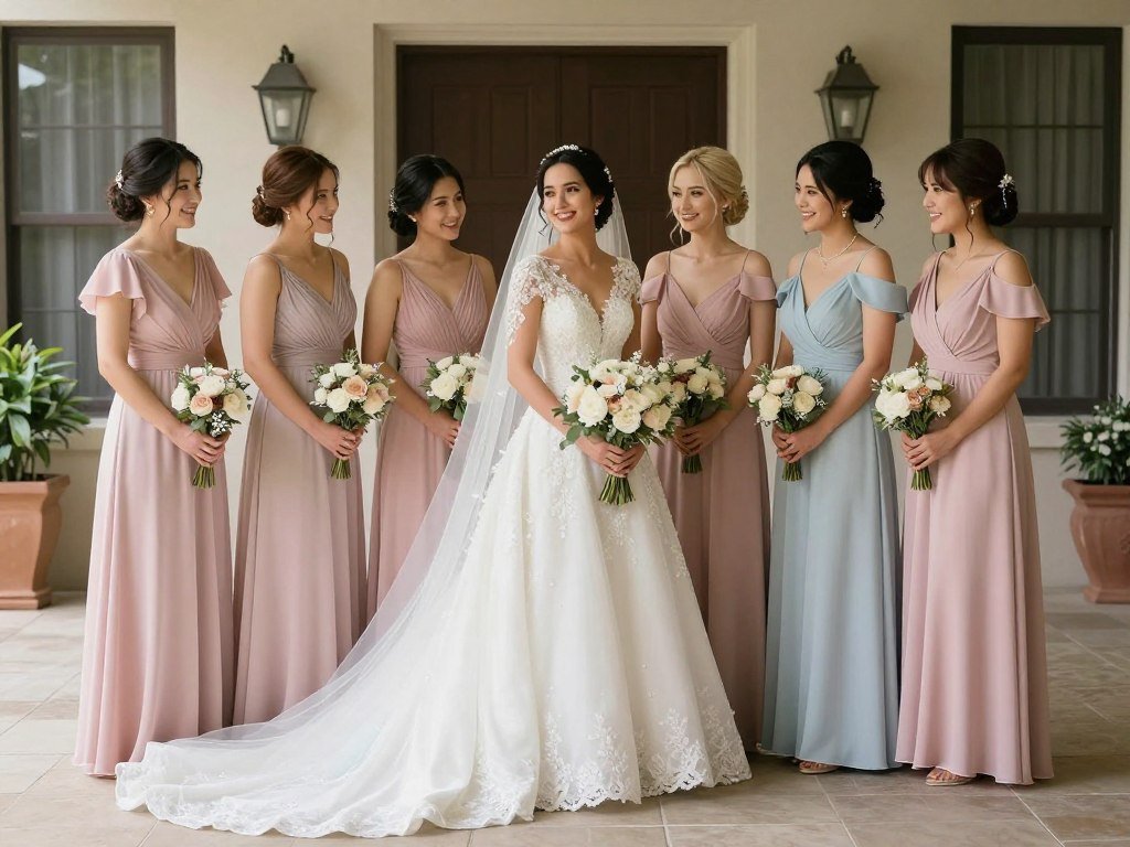 ivory bride with pastel bridal party contrast ivory bride with pastel bridal party contrast