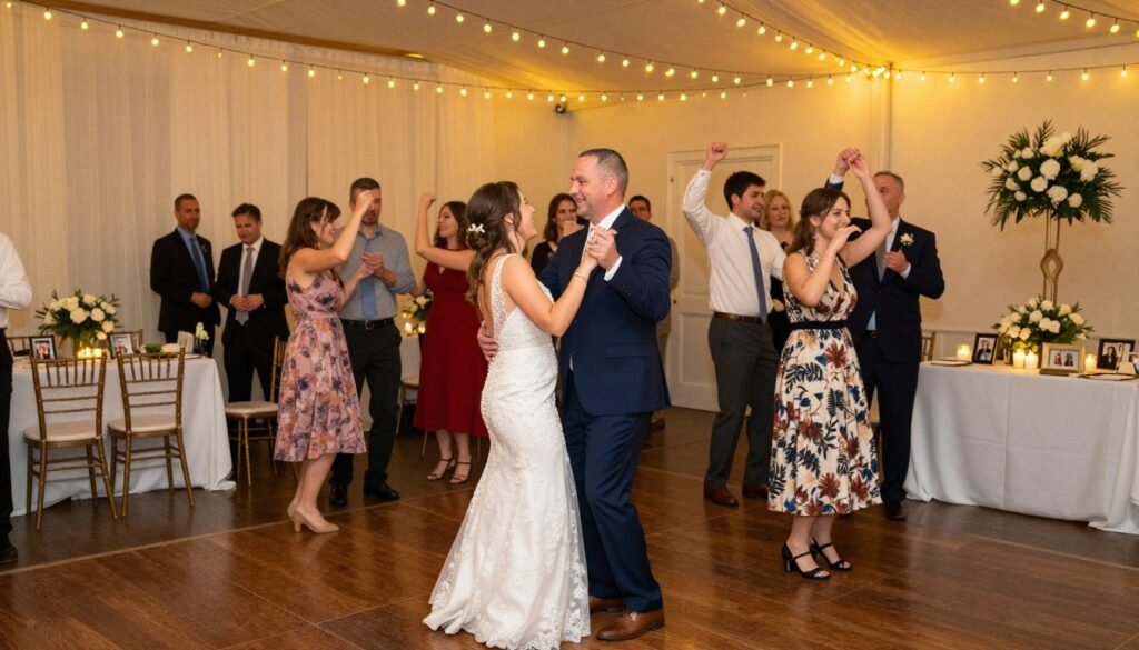 joyful wedding reception with dancing guests and subtle memorial corner