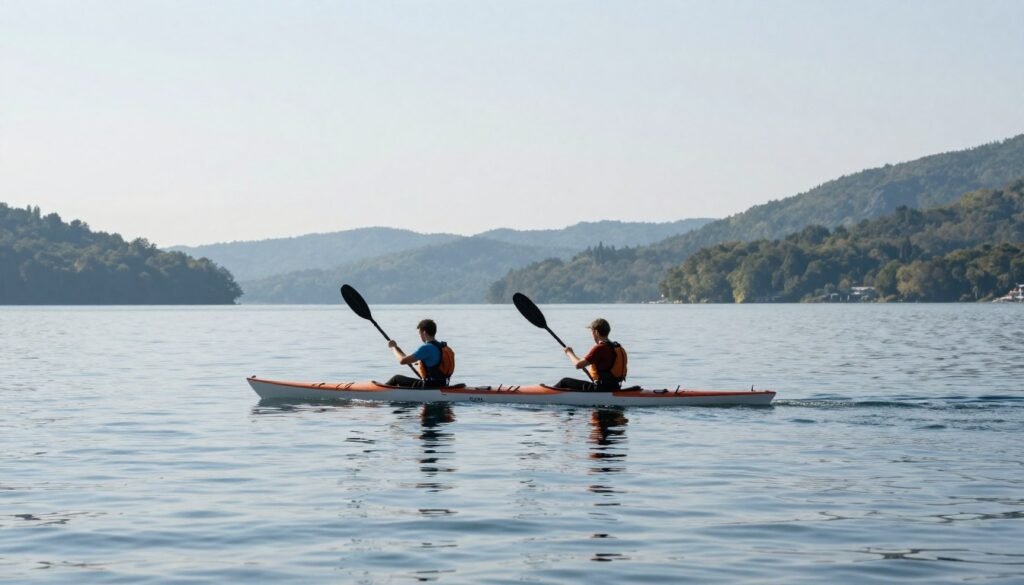 kayaking couple on peaceful lake
