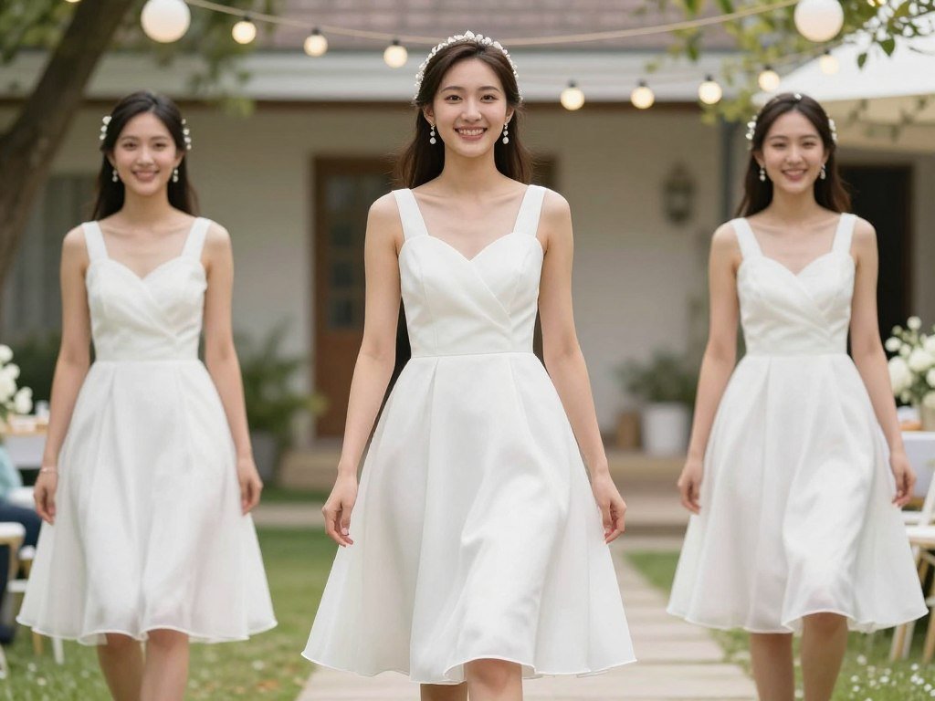 knee-length white bridesmaid dress