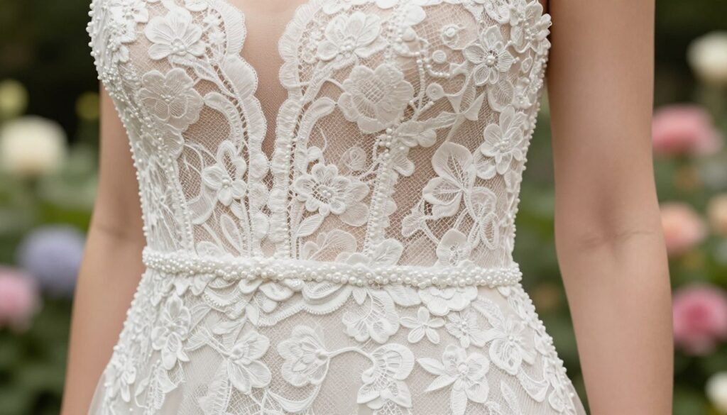 lace detail bridesmaid dress close-up garden