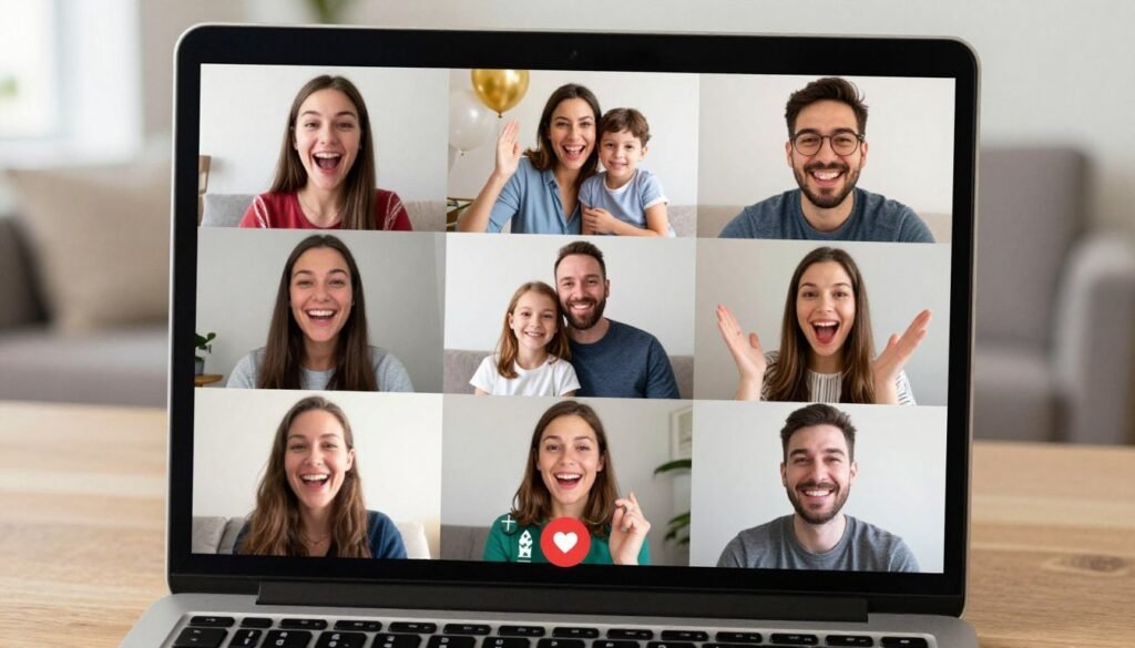 laptop showing video call with happy family members watching proposal