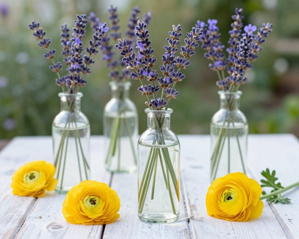 lavender and butter yellow wedding flowers in vintage containers