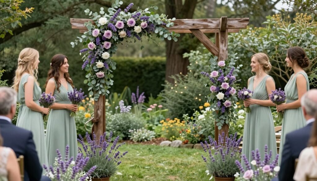 lavender and sage green garden wedding ceremony with natural floral arrangements