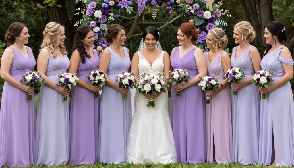 lavender bridesmaid dresses group coordinated garden