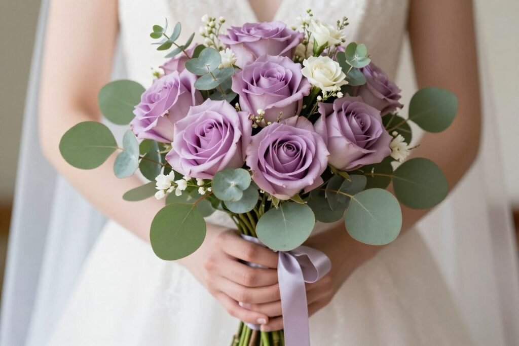 lavender rose bouquet with sage green eucalyptus and white accents