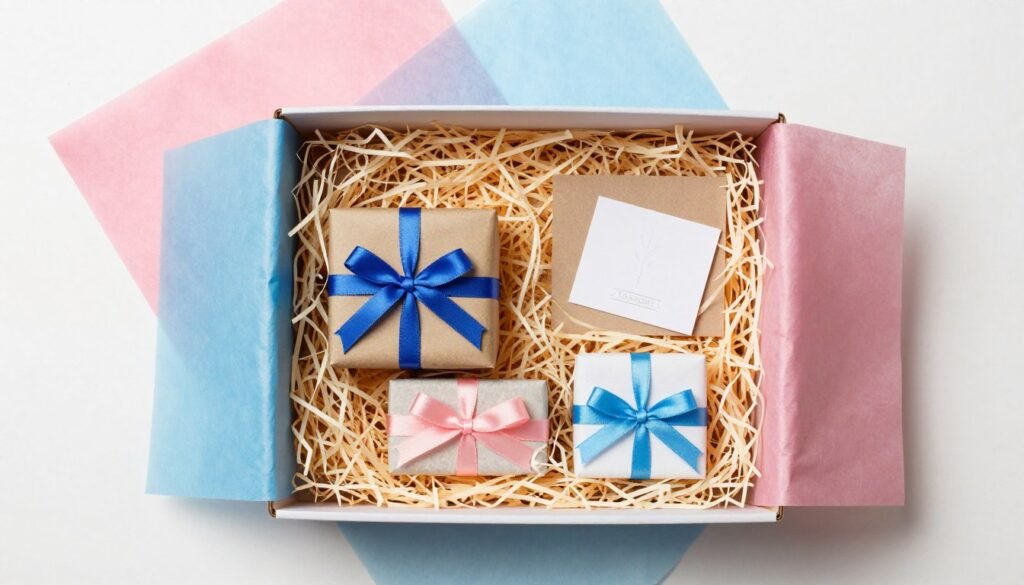 layered gift box showing creative tissue paper and filler arrangement layered gift box showing creative tissue paper and filler arrangement