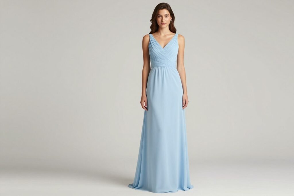 light blue A-line bridesmaid dress full length view