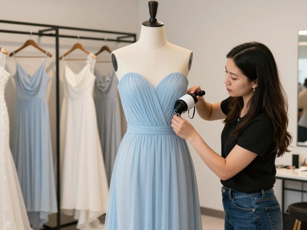 light blue bridesmaid dress being professionally steamed