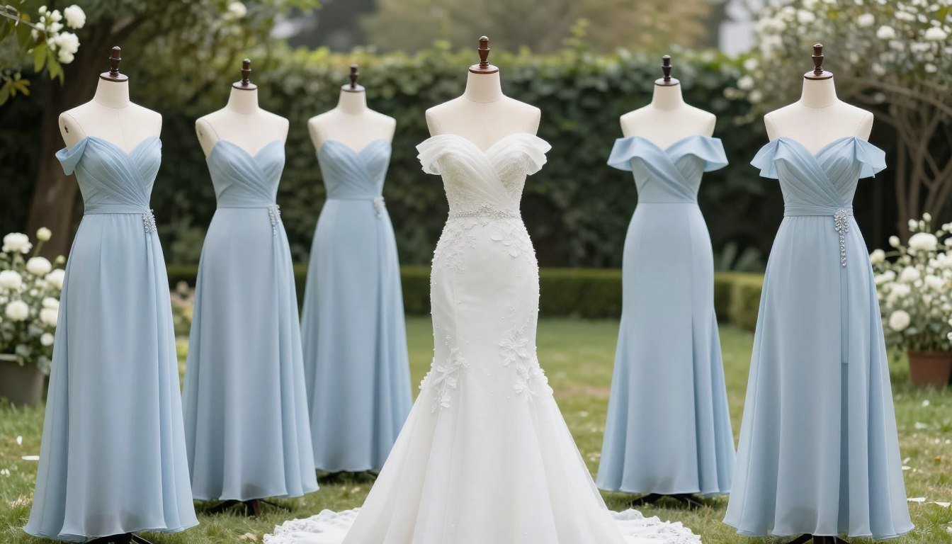 light blue bridesmaid dresses in various styles displayed at outdoor wedding venue
