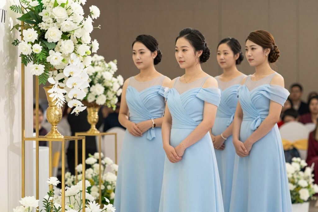 light blue bridesmaid with gold and white wedding decor
