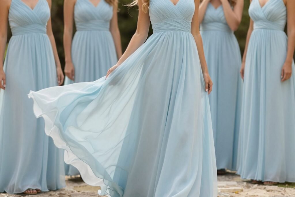 light blue chiffon bridesmaid dress with flowing movement outdoors
