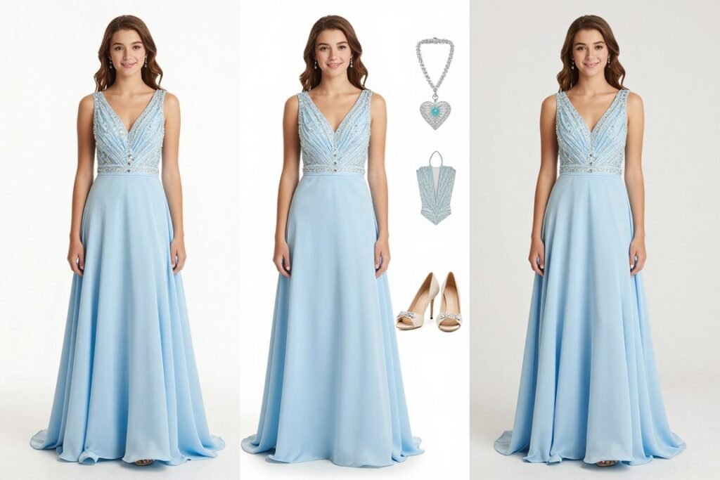light blue formal dress styled for prom