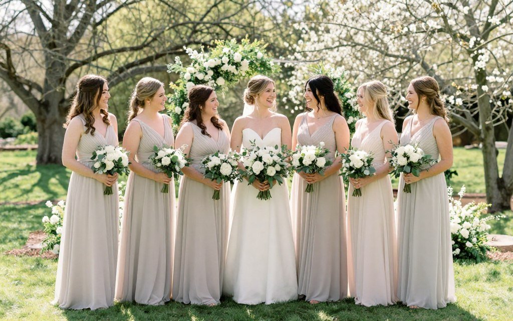 lightweight neutral bridesmaid dresses at outdoor spring garden wedding