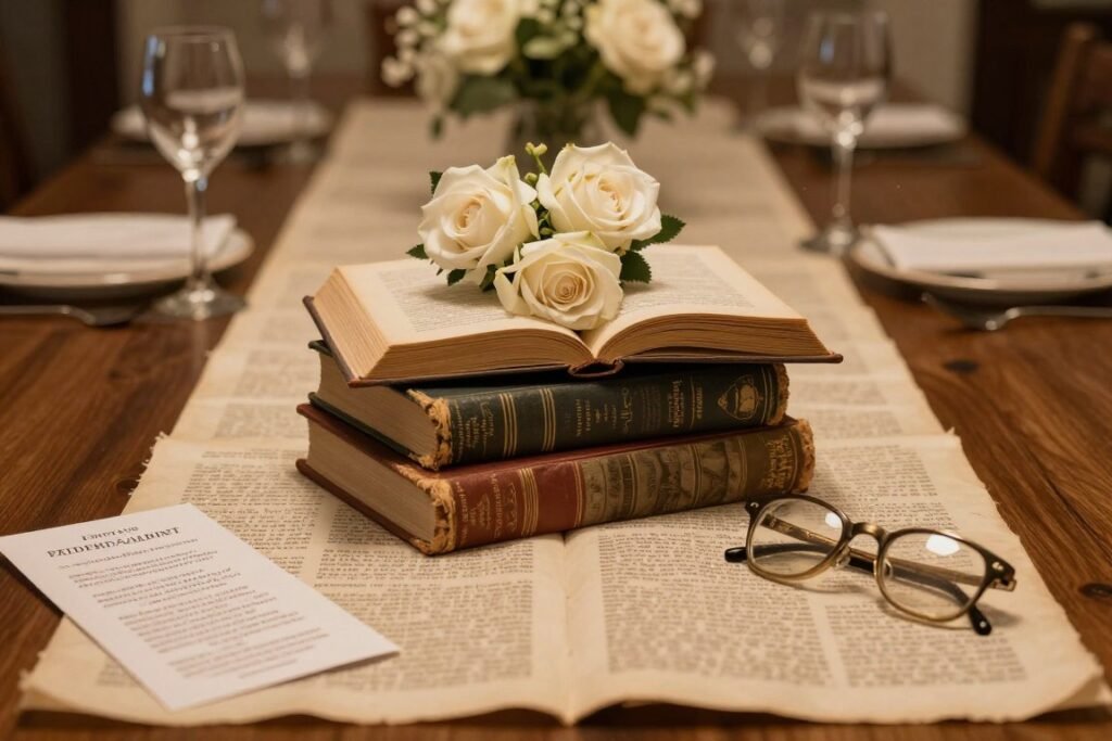 literary themed wedding table with vintage books and flowers