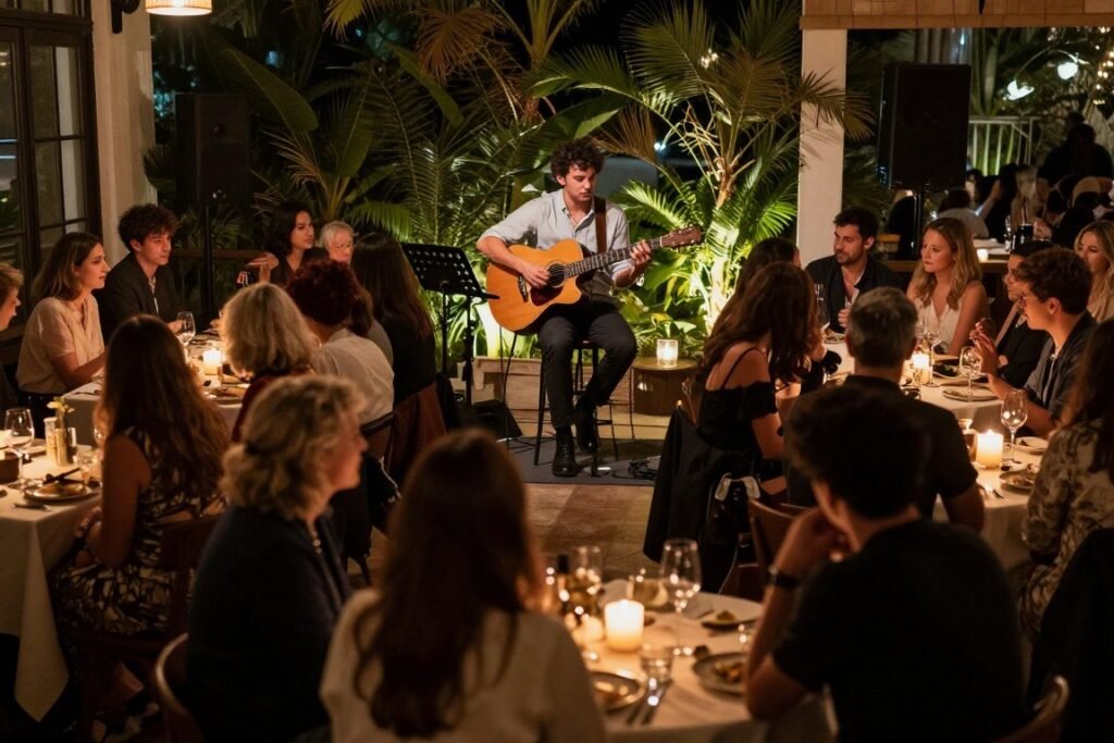 live acoustic musician performing at intimate micro wedding reception
