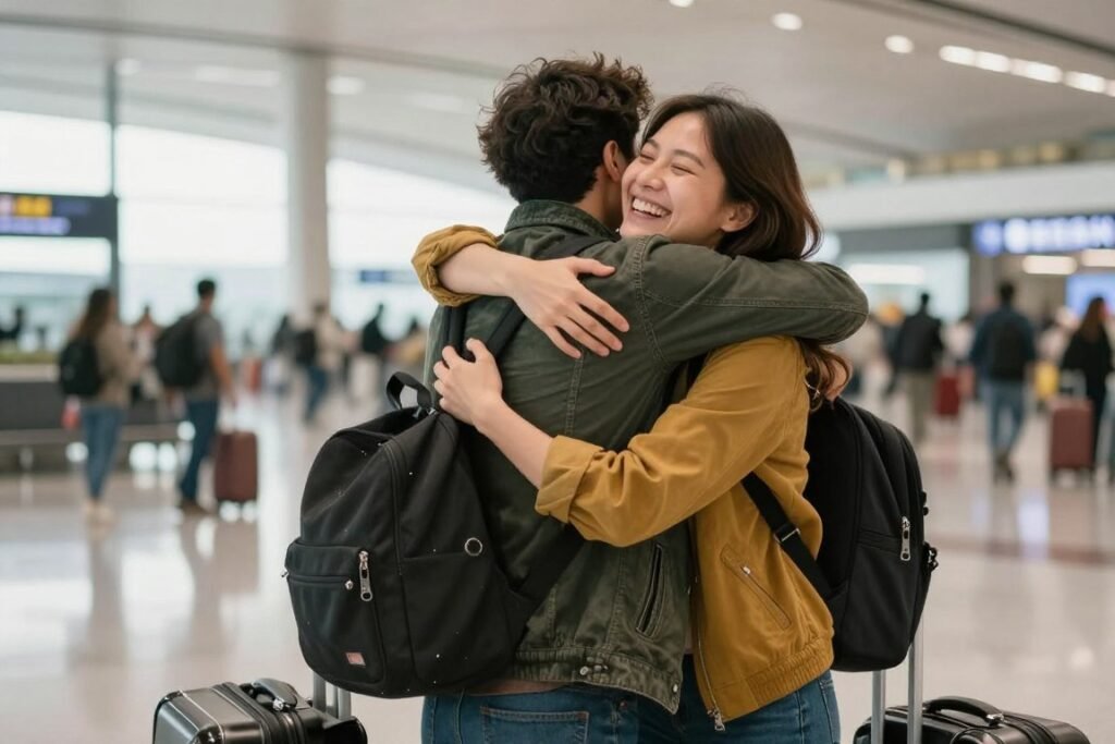 long distance couple reunion happy meeting