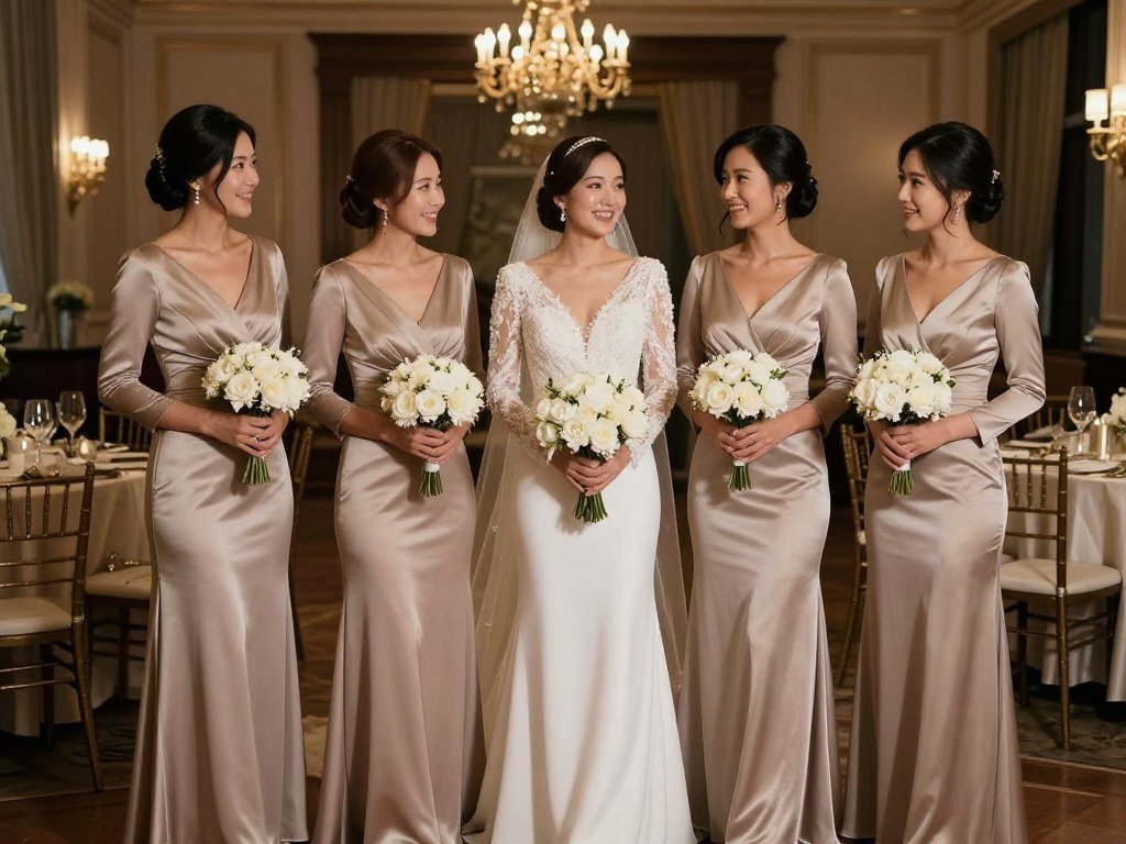 long sleeve satin neutral bridesmaid dresses at winter indoor wedding