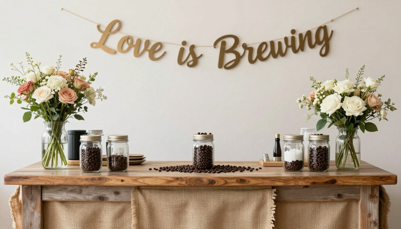 love is brewing bridal shower ideas decoration setup with coffee bar and floral arrangements