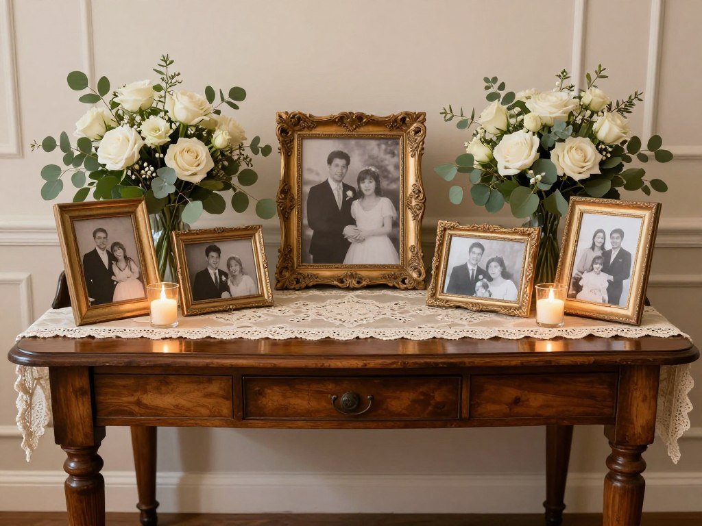 loved ones wedding memorial table with vintage photographs and floral arrangements loved ones wedding memorial table with vintage photographs and floral arrangements