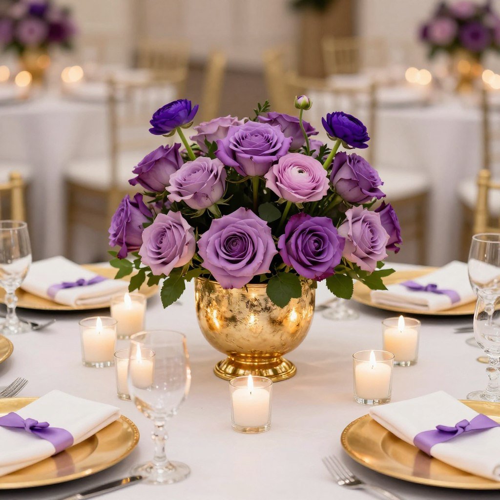 low purple wedding centerpiece in gold container