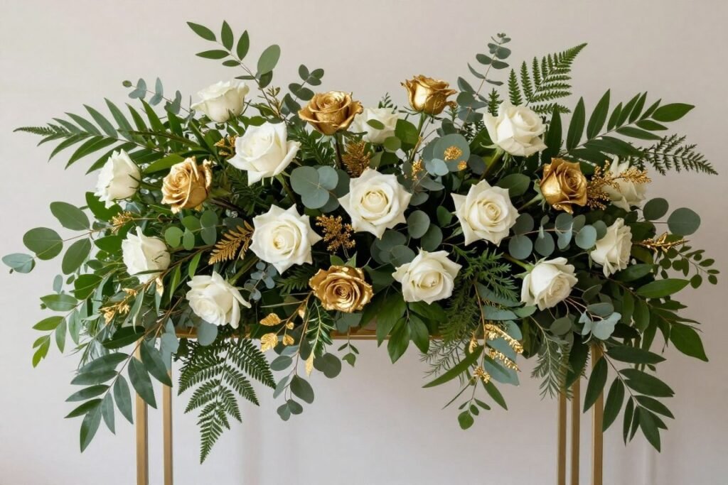 lush green wedding floral arrangements with gold accents