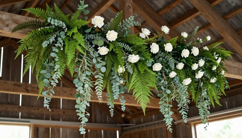 lush greenery and flower installation in barn venue